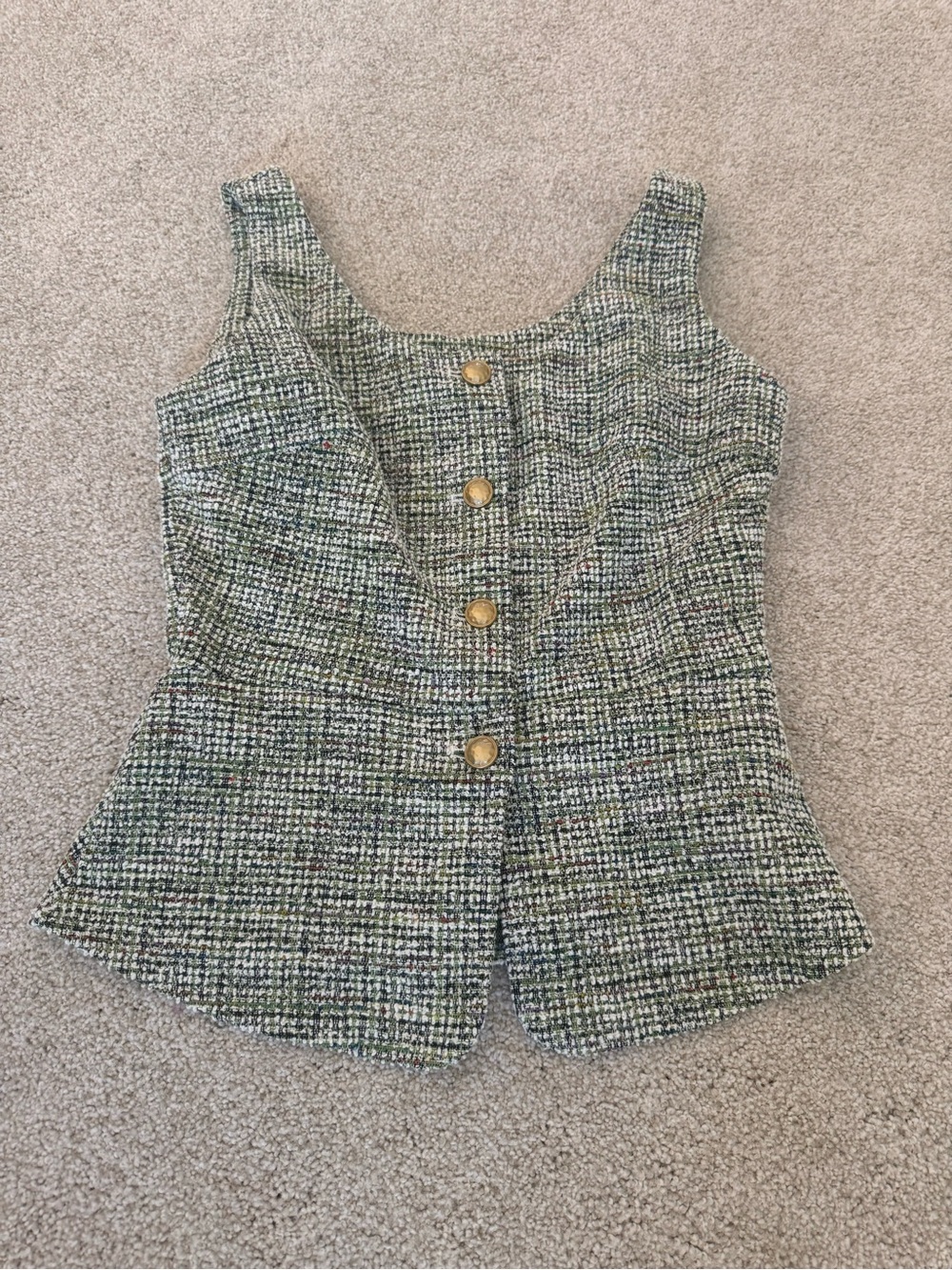 Tweed Button Vest Top Small | Green, Gold Buttons, Preppy Chic